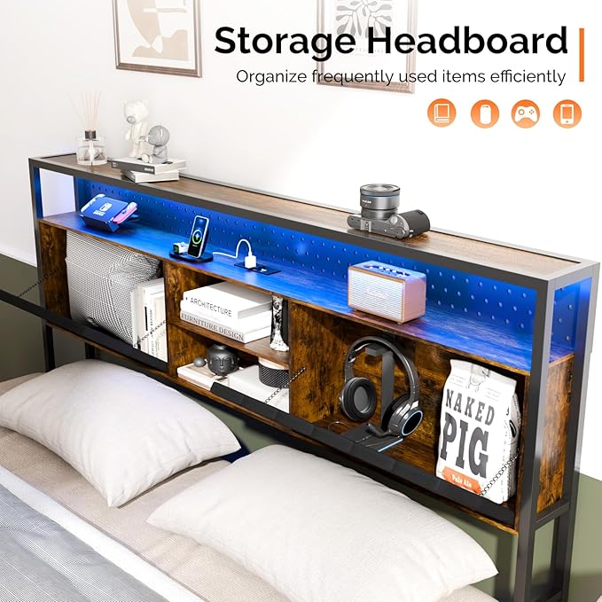 VINGLI King Size Floating Bed Frame with LED Lights and Charging Station, Cozy Hidden Storage Velvet Upholstered Headboard,No Box Spring Needed,Easy Assembly,Black