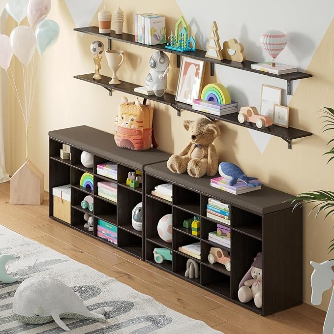 DINZI LVJ Shoe Storage Bench with Cushion, 14-Cubby Shoe Rack, Adjustable Shelves, Multifunctional Shoe Organizer Bench for Entryway, Mudroom, Hallway, Living Room, Bedroom and Garage, Espresso