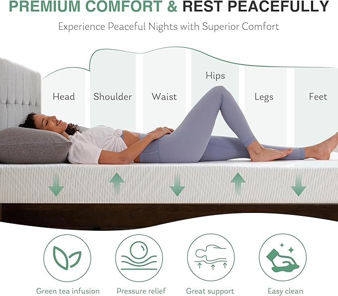 Twin XL Mattress in a Box, 10 inch Mattresses Made in USA for Kids Bed Single Size Daybed Individual Bunk, Green Tea Memory Foam Mattress for Cool Sleep & Pressure Relief, Medium Firm