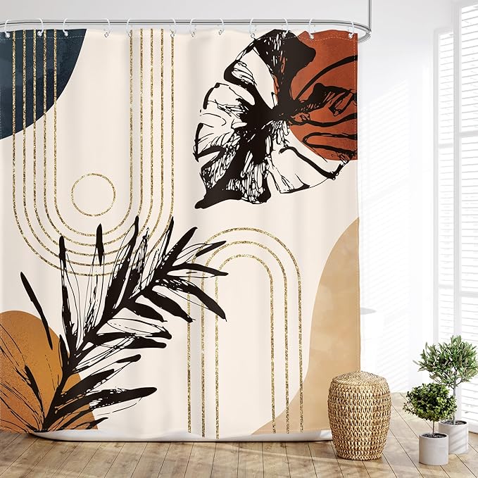 Glawry Abstract Tropical Shower Curtain Boho Watercolor Red Brown Palm Leaf Plant Botanical Bathroom Minimalist Bohemian Leaves 60Wx72L Inches Bath Accessories Art Home Decor Fabric with Hooks