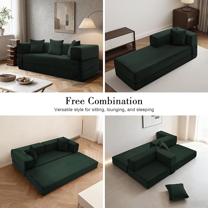 Sectional Boneless Couch Convertible Sofa Bed,78'' Modular Sectional Sleeper Sofa with Removable Armrests & 3 Pillows,Small Floor Couch No Assembly Needed for Living Room, Office, Bedroom,Dark Green