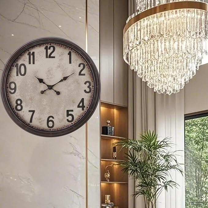 20 Inch Retro Farmhouse Wall Clock, Vintage Silent Non-Ticking, Battery Operated Decorative Clock for Living Room, Kitchen, Bedroom, Office and Home Decor, Dark Brown Arabic Number