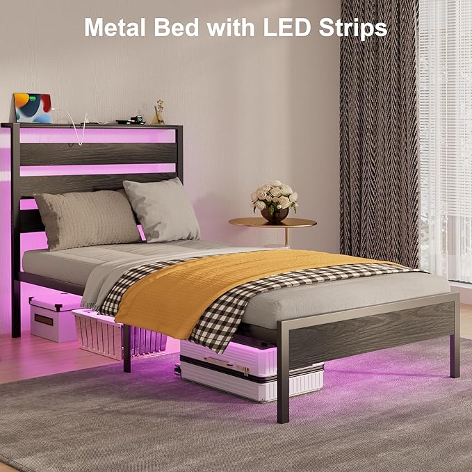 Twin Bed Frame with LED Lights & Charging Station, Storage Headboard, Heavy Duty Metal Slats, No Box Spring Needed, Noise-Free, Easy Assembly, Black