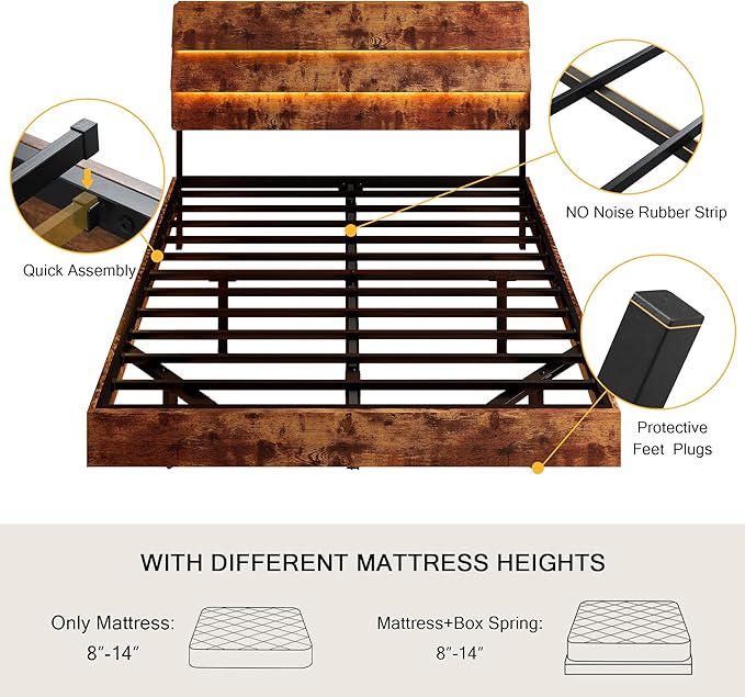 Floating Bed Frame Full Size with Led Headboard and Charging Station, Metal Platform Bed Base with Storage, Remote Control, Heavy Slats Support, No Box Spring Needed, Noise Free, Vintage Brown