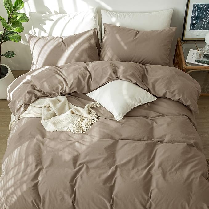 MooMee Bedding Duvet Cover Set 100% Washed Cotton Linen Like Textured Breathable Durable Soft Comfy (Solid Mocha Brown, Full 80"x90")