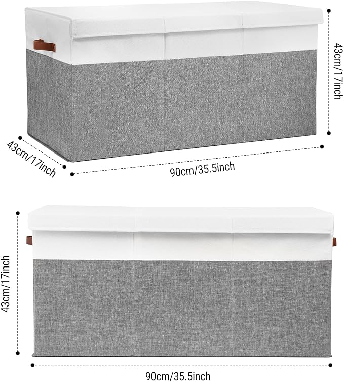 Extra Large Toy Storage Box with Lid, Sturdy Toys Storage Chest Bin Organizer Basket with Dividers for Kids, Boys, Girls, Nursery, Closet, Bedroom, Playroom 35.5"x17" x17"(Grey and White)