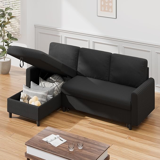 Sofa Bed Sleeper Pull Out 2 in 1 Sectional Sleeper Sofa Couches with Storage, Pullout Sectional Couches for Apartment Living Room,Black