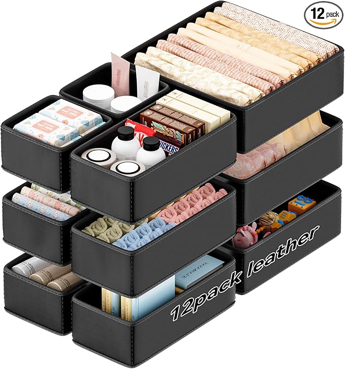 Vegan Leather Drawer Organizers,12 Pack Makeup Storage boxes,Vanity Drawer Luxury upgrade,Bedroom fabric Drawers replacement,bathroom organization and storage Optimal solution