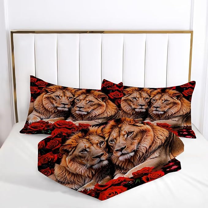 3D Lion and Red Rose Print Bedding Set Twin Size for Kids Adults, 3D Animal Print Bedding Set Liones Couples Decor Bed Set Black Red Comforter Set for All Seasons