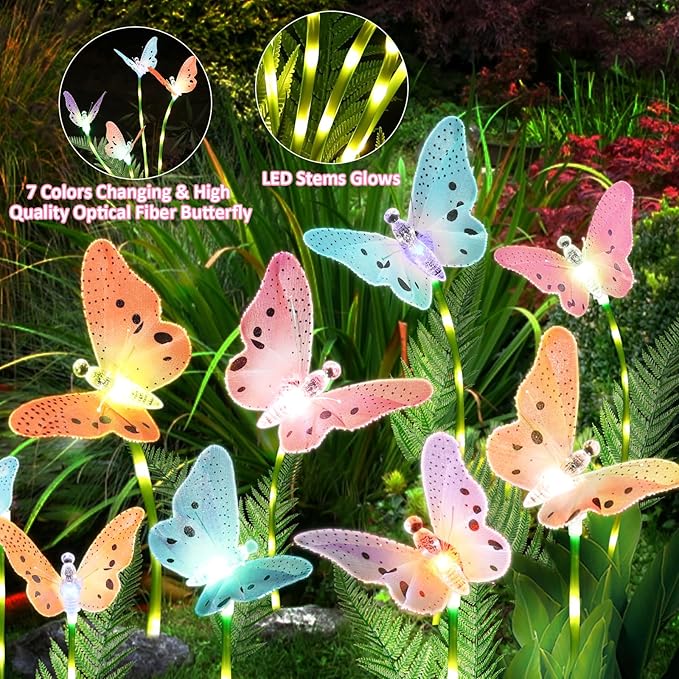 Solar Lights Outdoor Decorations Waterproof Newest Solar Garden Lights with Glowing Stems, 7-Color Changing Butterfly Flower Light for Outside Yard Pathway Garden Decor, Gift for Mother,2Pack