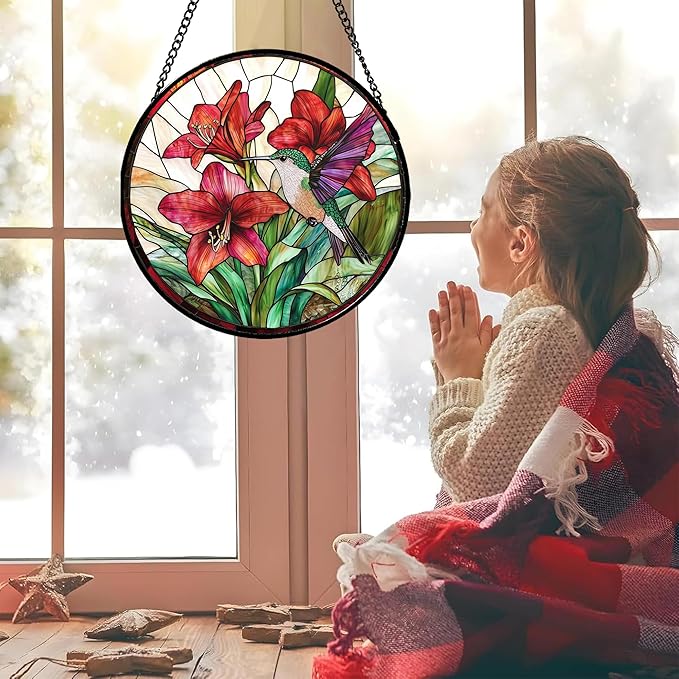 Stained Glass Window Hanging - Hummingbird On Red Lily Flower Sun Catcher for Door Garden Decor Suncatcher Christmas Mother's Day Birthday Gifts for Bird Lovers Women Men Mom Nana 9.8 in
