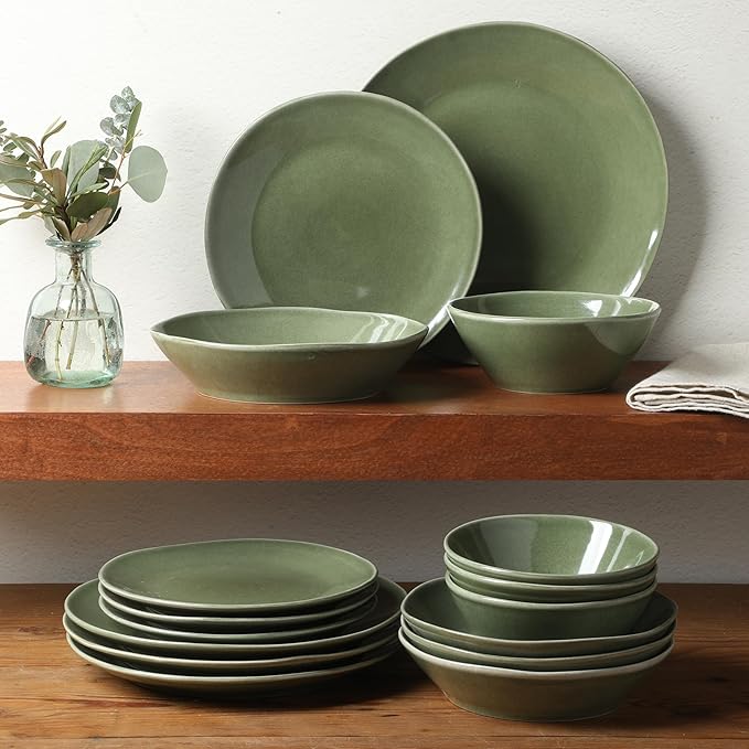 Bloomhouse Montecito Breeze 16 Piece (Service for 4) Double Plates and Bowls Stoneware Reactive Glaze Dinnerware Set - Cyprus Green
