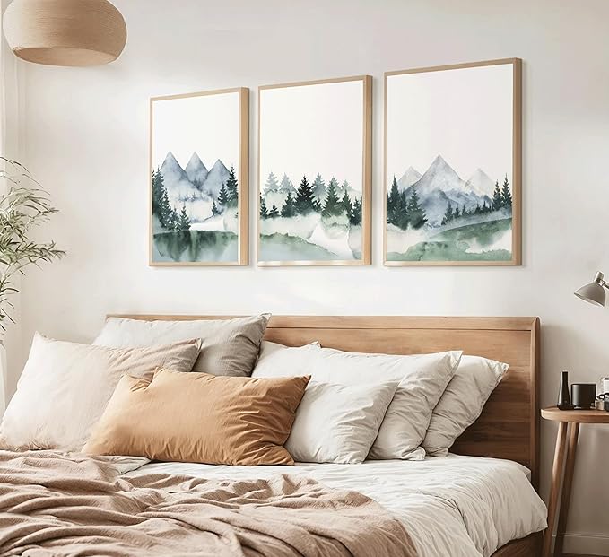 3Pcs Modern Mountains Canvas Wall Art Green Watercolor Misty Pine Forest Nature Minimalism Abstract Landscape Painting Picture Wall Decor Poster Print Artwork for Living Room Bedroom Office Unframed