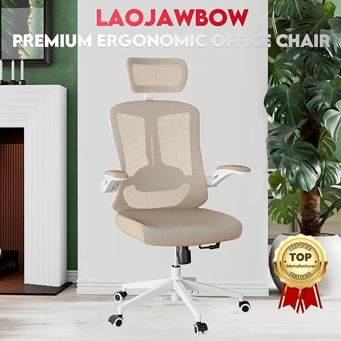 Ergonomic Office Chair - 400LB Comfy Desk Chairs with Headrest and Back Support, Heavy Duty Mesh Computer Chair with Wheels and Arms for Home Office, Study, Bedroom and College Dorm (Beige)