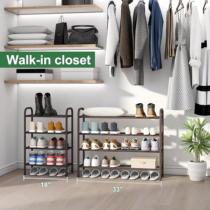 Metal Shoe Rack, Expandable Metal Shoe Rack for Closet, Entryway & Hallway (Brown, 4-Tier_Long)