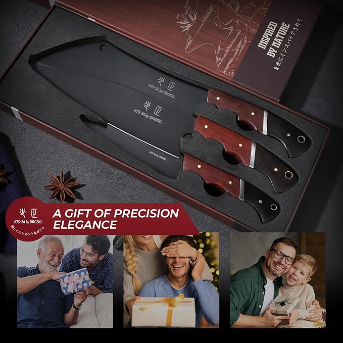 Japanese Chef Knife Set - 3 PCS Kitchen Utility Knife Sets for Cooking, Meat Cleaver Knives Set with Full Tang Wooden Handle, Gift for Birthday