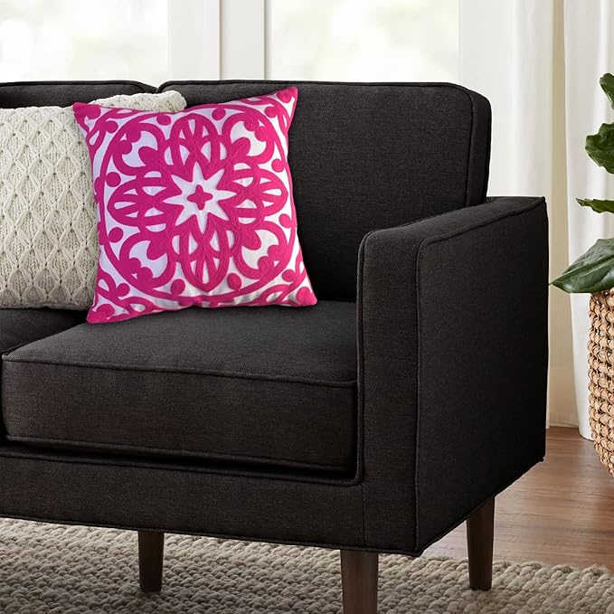Alysheer Embroidered Decorative Throw Pillow Cover 20"x 20", Boho Mandala Modern Thick Embroidery Pattern, Durable Cotton Canvas Soft Cushion Case for Sofa Couch Bed Living Room (Bright Hot Pink)