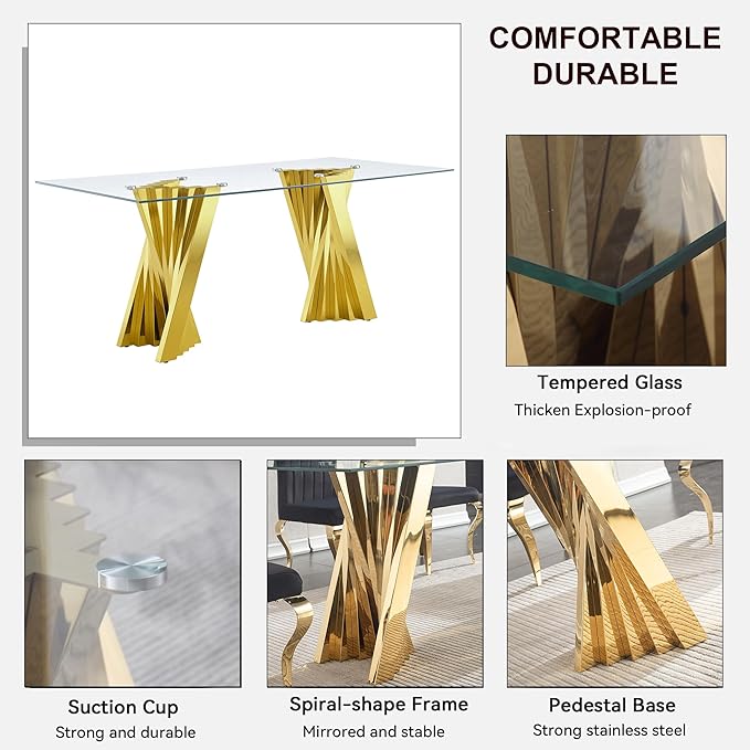 Goujxcy 70" Glass Dining Table Set for 4, Modern Gold Dining Table Set with 4 Beige Velvet Upholstered Dining Chairs, 5 Piece Kitchen Dining Room Table Set with Stainless Steel Legs