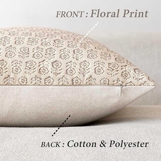Foindtower Set of 2 Decorative Vintage Floral Print Throw Pillow Covers Neutral Modern Farmhouse Cushion Covers Boho Home Decor for Sofa Couch Chair Bedroom Living Room Outdoor,20×20 Inch,Ivory Beige