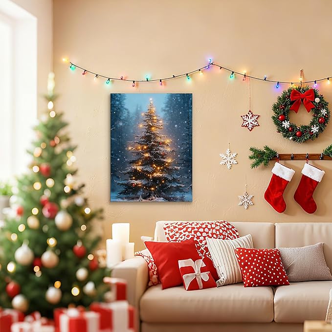 Framed Christmas Pictures Wall Decor,Vintage Pine Tree Prints,Winter Christmas Canvas Wall Art Decoration for Bedroom Bathroom Living Room Rustic Xmas Holiday Gifts (Christmas Tree 3, 11'' X 14'')