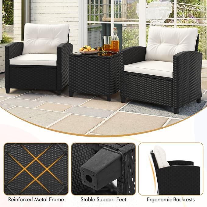 RELAX4LIFE 3-Piece Patio Furniture - Wicker Rattan Bistro Sofa Set w/Glass Top Coffee Table, Washable Cushions for Porch Balcony Backyard Poolside, Outdoor Conversation Set (Off White)