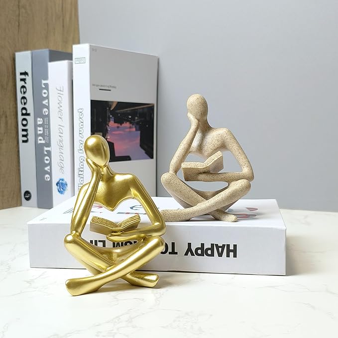 Gold Thinker Statue - Abstract Reading Sculpture 4.5“, Art Modern Decor for Living Room Coffee Tables, Bookshelves & Office Desks | Elegant Accent for Home & Library Spaces (Gold)