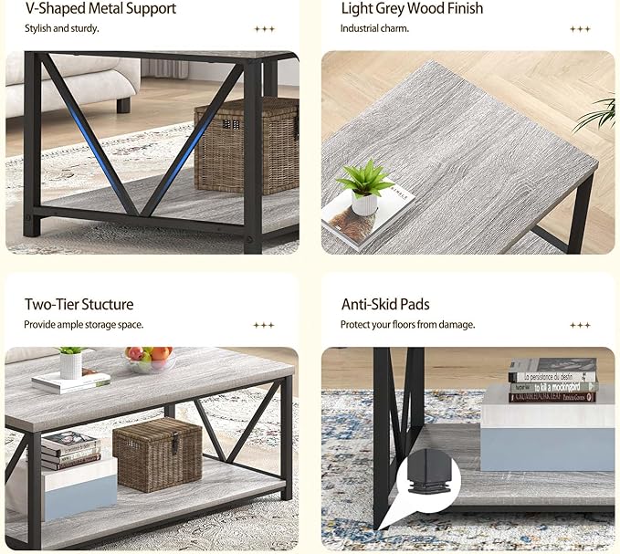 FOLUBAN Modern Coffee Table, Rustic Wood and Metal Center Table with Storage Shelf, Industrial Cocktail Table for Living Room, Light Grey, 39 Inch