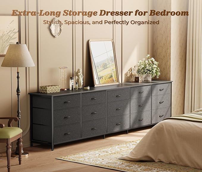 Huuger 78.7 inch Long Dresser for Bedroom, 15 Drawer Fabric Dresser for Closet, Large TV Stand for 65, 75, 85 inch TV, Wide Chest of Drawer with Storage, 78.7" W x 12.9" D x 26.7" H, Black