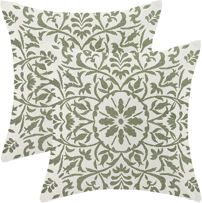 Boho Floral Pillow Covers 18x18 Set of 2, Bohemian Green Carpet Pattern Design Decorative Throw Pillows Farmhouse Cushion Pillow Covers for Sofa Couch Outdoor Decor