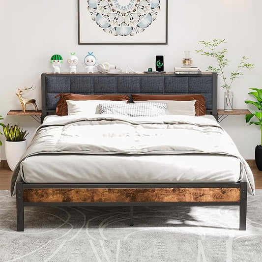 Queen Metal Bed Frame with Ergonomic Upholstered Headboard and Charging Station, Platform Bed Frame with Storage Shelves, Heavy Duty Metal Slats, No Box Spring Needed, Brown+Grey
