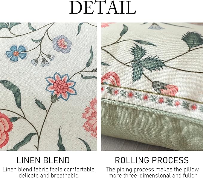 Design Square Retro Elegance Linen Throw Pillow Covers 18"x18" Pack of 2, Green Pink Floral Pattern Cushion Covers Decor Pillowcases for Bed,Living Room,Outdoor,Car