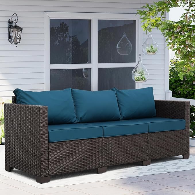 Outdoor Furniture Wicker Outdoor Couch Patio Furniture 3-seat Sofa Deep Seat Hight Backrest Non-Slip Cushions, Peacock Blue