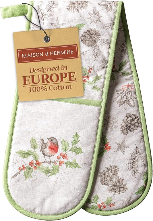 Maison d' Hermine Double Oven Mitt (7" x 35") 100% Cotton Heat Resistant BBQ Cooking Gloves with Loop for Thanksgiving Christmas Decorations Baking Cooking Barbeque Handling Hot Pan (Christmas Dew)