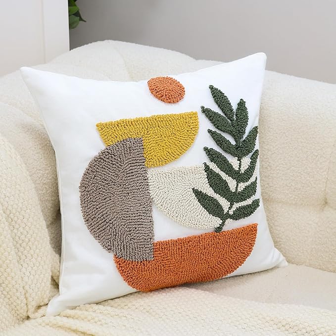 Boho Accent Pillow Covers 18x18- Tufted Abstract Modern Square Throw Pillow Covers, Farmhouse Decorative Pillowcase for Couch, Sofa, Bed, Living Room -Orange Beige Geometric Dark Green Leaf