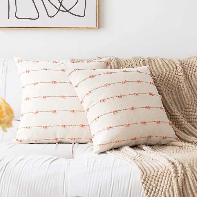 Boho Throw Pillow Covers 24x24 Set of 2 Modern Farmhouse Decorative Cushion Case Tufted Square Pillows Cover Neutral Pillow Cases Accent Pillowcase for Sofa,Couch,Bed,Beige and Pink