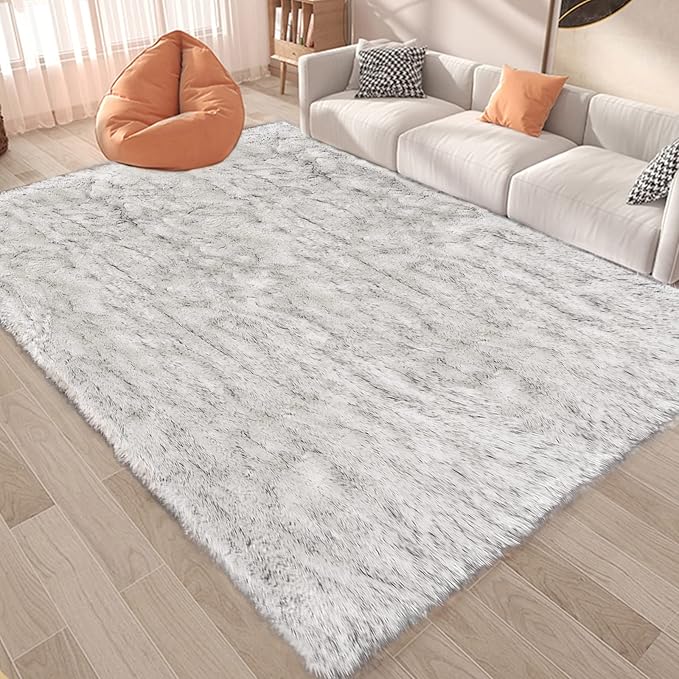 Latepis White with Grey Tips Faux Sheepskin Fur Rug 8x10 for Living Room Bedroom Washable Living Room Luxury Room Decor Fluffy Rug Rectangle
