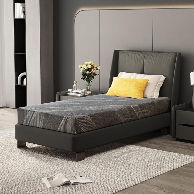 Twin Mattress 8 Inch Charcoal Gel Memory Foam Mattress in a Box, CertiPUR-US Certified, Fiberglass Free Cooling Mattress, Twin Size Mattress for Kids, 75" × 38" × 8", Medium