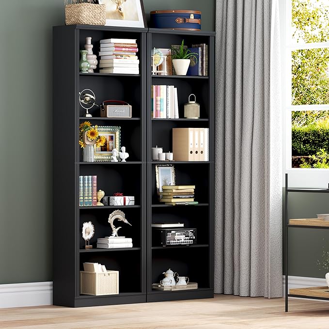 75" Tall Bookshelf, 6-Tier Floor Standing Bookcase with Adjustable Shelves, 24" Wide Open Storage Shelf, Modern Display Organizer for Home Office, Living Room, Bedroom, Study