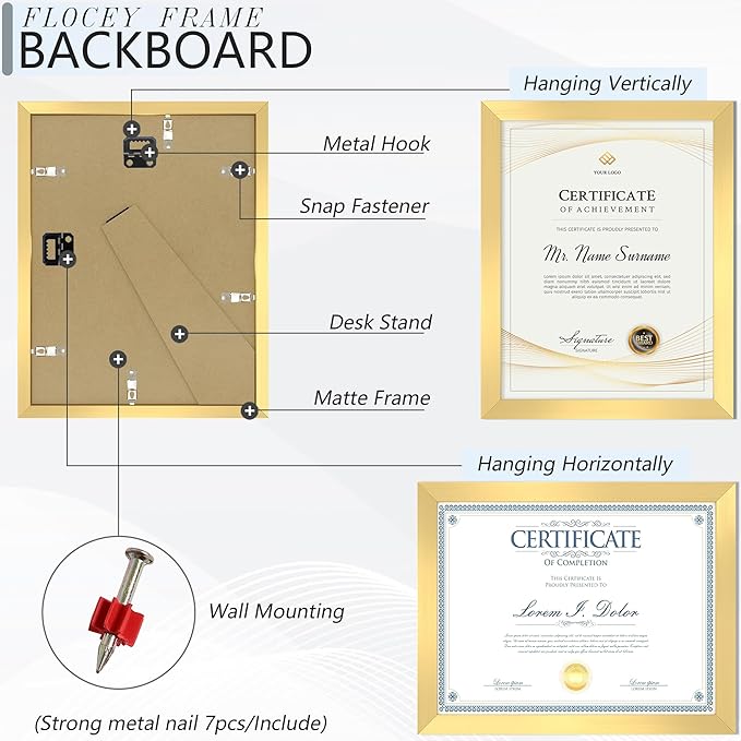 8.5x11 Picture Frame set of 15, Multi Certificate 8.5 by 11 Picture Frames Bulk, Document Diploma Award Frame for Wall Hanging or Tabletop Display, Gold