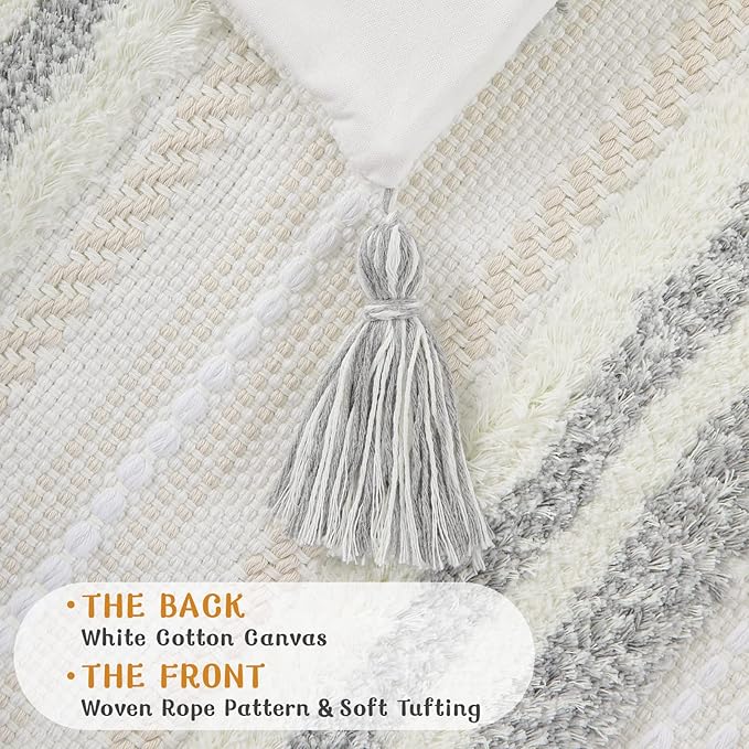 decorUhome Decorative Boho Throw Pillow Cover 18x18, Accent Neutral Textured Tufted Pillow Cover Striped for Couch Bed Sofa, Light Grey and Cream White, Pack of 1