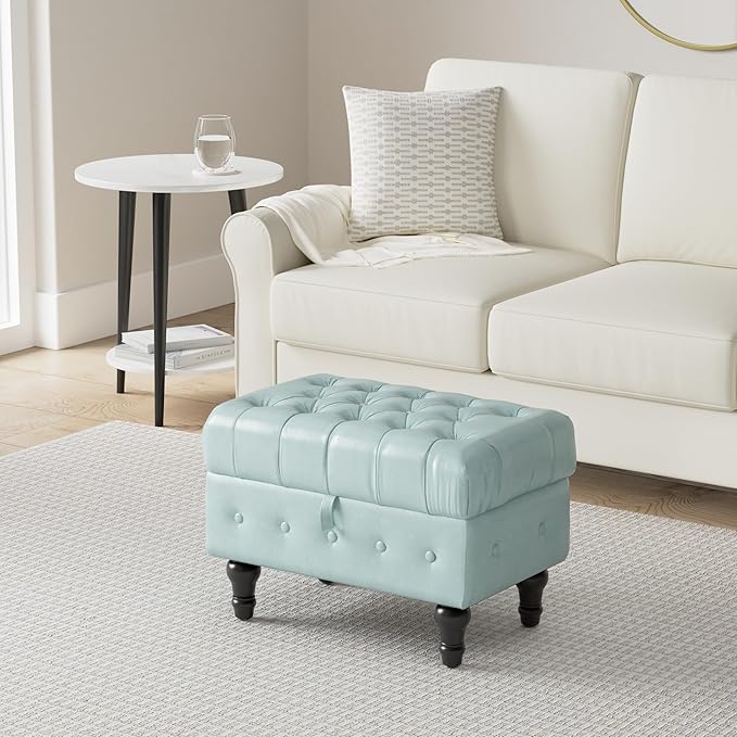 Artechworks Rectangular Storage Coffee Table Ottoman,Button Tufted Velet Upholstery Footstool Bedroom Ottoman for Living Room, Home Office, Space-Saving Storage Toy Box Stool, Light Blue