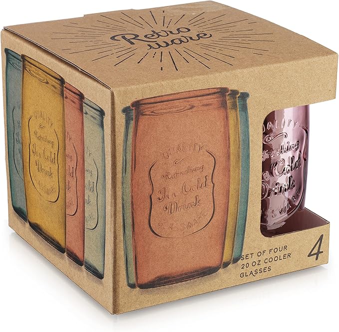 Glaver's Colored Glassware, Ice Cold Drinking Glasses Set of 4 – 18 Oz Vintage Glass Cups for Kitchen, Dining Table – Multi- Colors Glass Tumblers. Hand Wash.