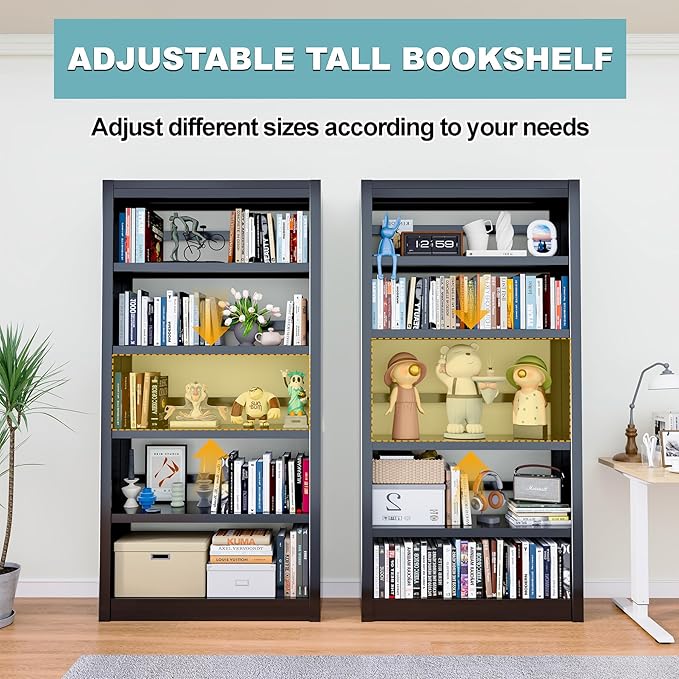 Bookshelf,6-Tier Adjustable Steel Book Shelf,61" H Heavy Duty Metal Bookcase for Home/Office/Garage,Black Shelf (Black, 61" Tall)