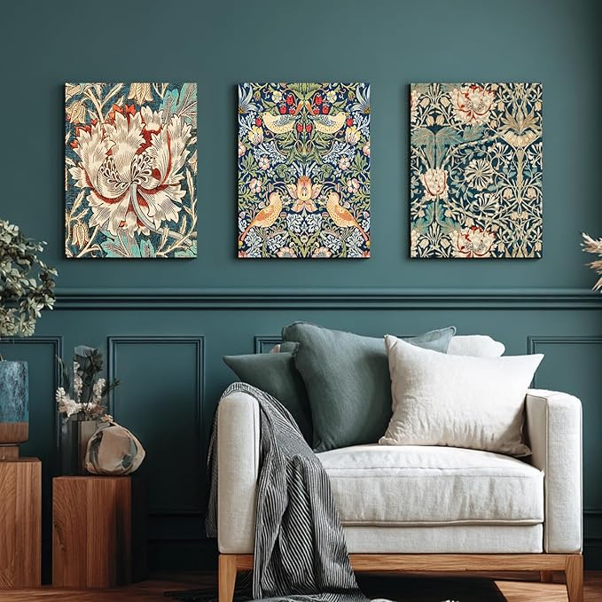 FASWQ Framed William Morris Wall Art, Nouveau Vintage Botanical Wall Decor, Retro Intricate Floral Animal Canvas Painting, Retro Natural Flower Bird Poster Prints for Living Room Bedroom 16"x24"x3