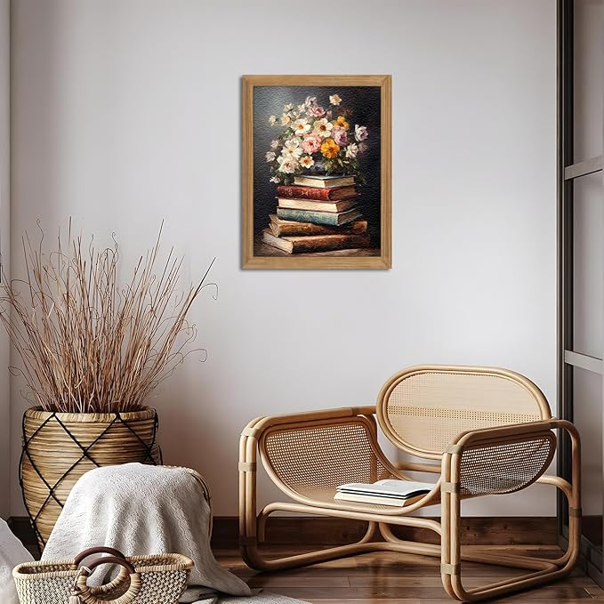 Framed Vintage Floral Wall Art - 3D Textured Flowers Books Sandstone Hand Drawn Art Oil Painting - Minimalist Botanical Wall Decor for Bedroom Living Room Office Decor 16X24in