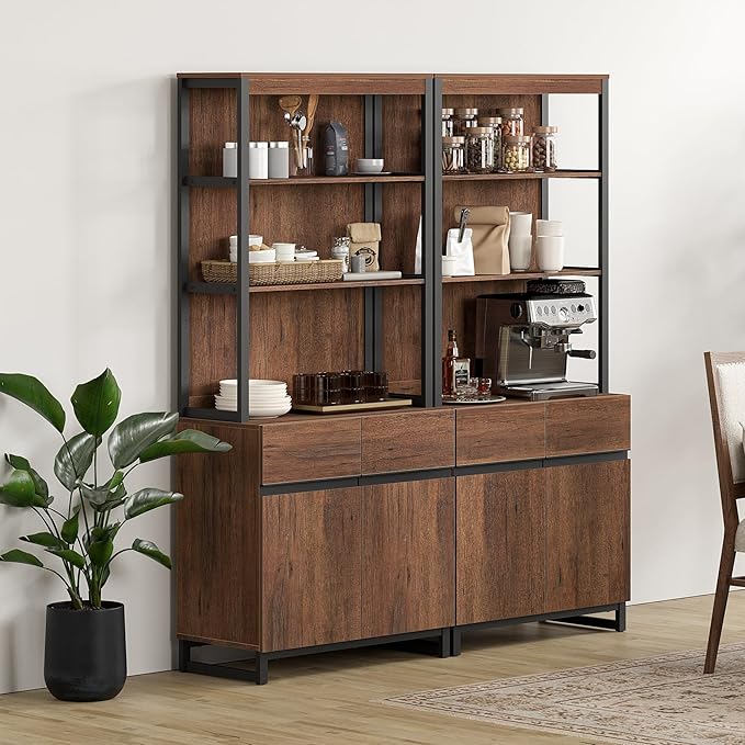 WAMPAT 2 PCS Modern 72" Tall Bookcases with Metal Base and Adjustable Shelves, Library Book Shelf with Storage Cabinet and Open Book Shelfs, Wood Bookshelves for Home Office, Living Room, Brown