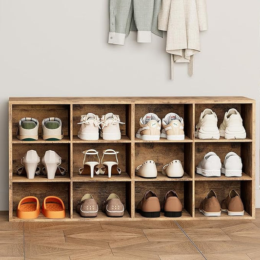 12-Cubby Shoe Rack, 3-Tier Wood Shoe Organizer, Multifunctional Shoe Organizer Bench for Entryway, Mudroom, Hallway, Closet,36.22 * 11.81 * 17.72 Inch,Brown