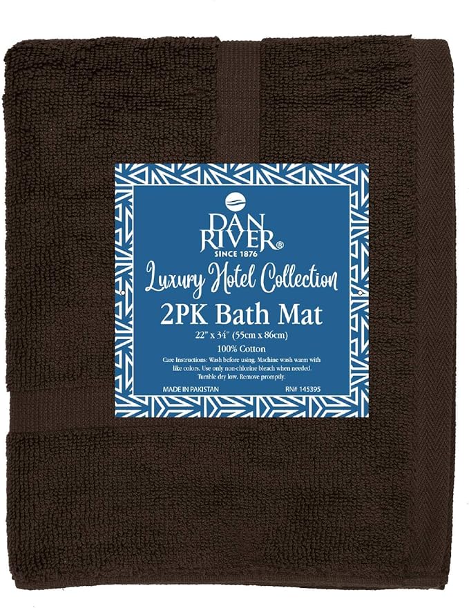 DAN RIVER Classic Bath Mat - Brown, 100% Ring Spun Cotton, Pack of 2, 21x34 inches, 800 GSM, Non-Slip, Absorbent, Quick Drying, Machine Washable Bathroom Floor Mats for Shower, Kitchen & Bath