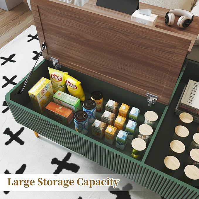 HLR 47" Dual Lift Top Coffee Table with Storage, Modern Wood Fluted Coffee Table with Hidden Compartment for Living Room, Office, Green
