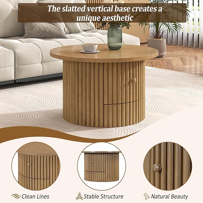 WILLIAMSPACE 30.5" Round Coffee Table with a Drawer, Modern Farmhouse Wood Circle Drum Center Table with Vertical Slat Base, Accent Side End Table for Living Room Apartment, Natural